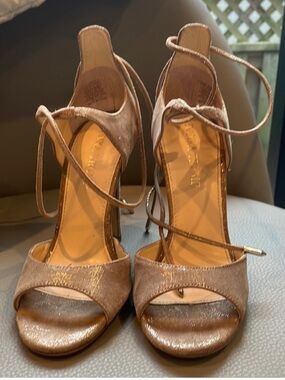 Gold Sparkly Ivanka Trump Sandal Tie Up Strappy Heels Peep Toe